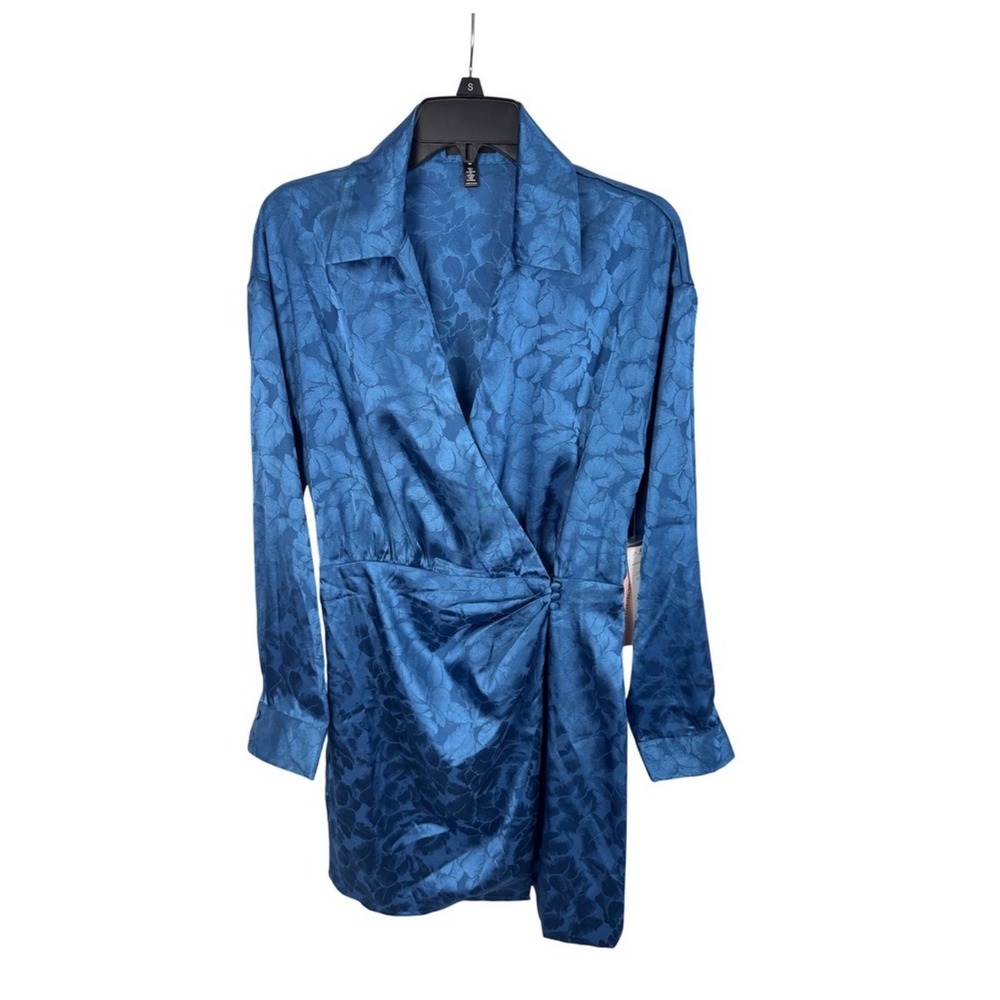 Aqua Blue Floral Print Long Sleeve Mini Dress Shirt Dress XS - Picture 5 of 10